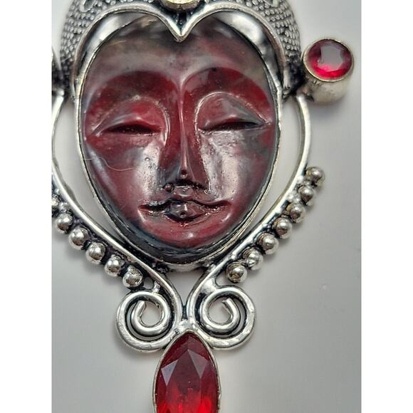 Sterling Silver Bali Goddess Pendant Necklace with Garnet Stones, Red - Picture 5 of 8